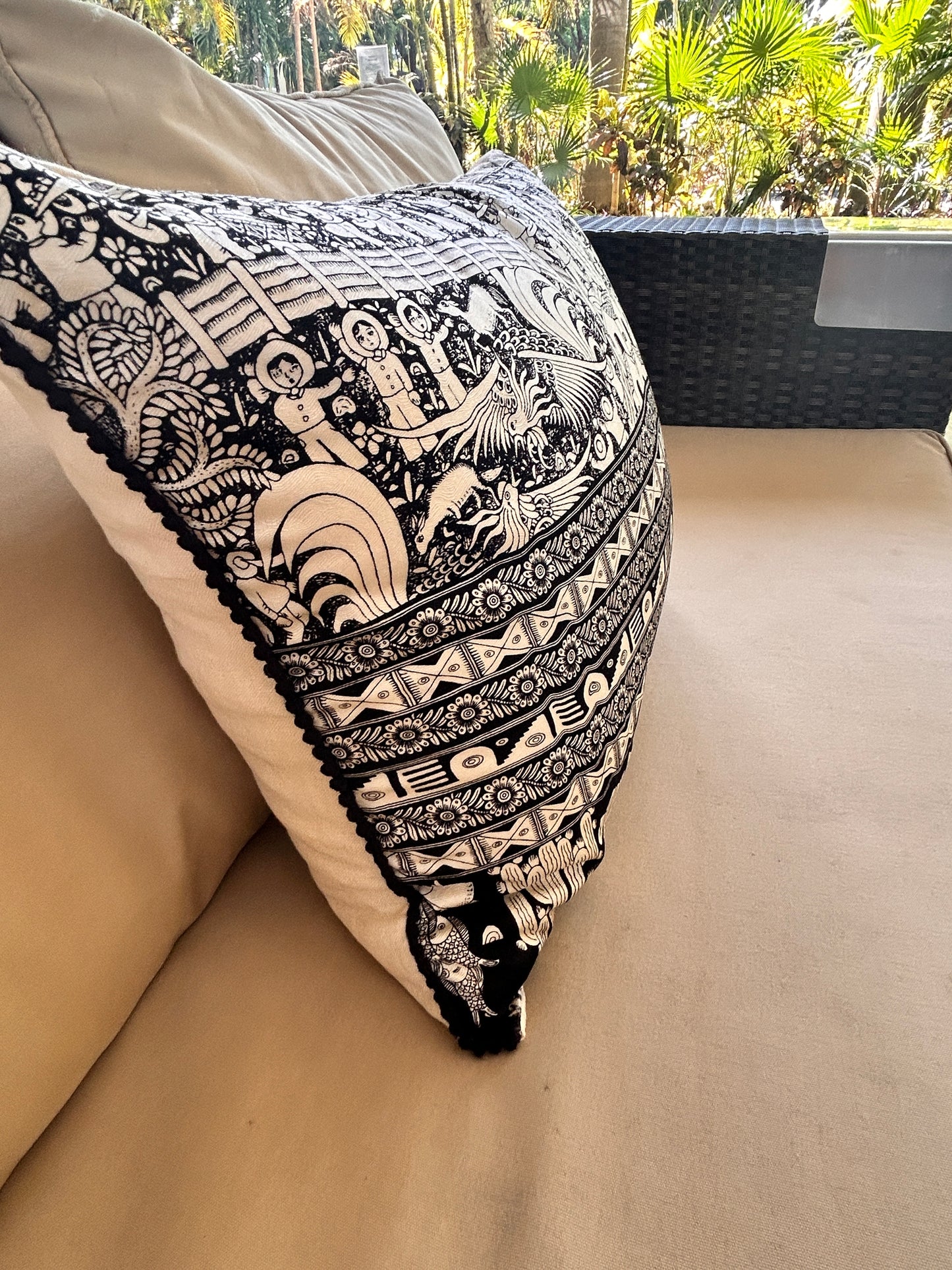 Silk Print Pillow Cover with Pompoms – Black & White 16.5"x20.5"