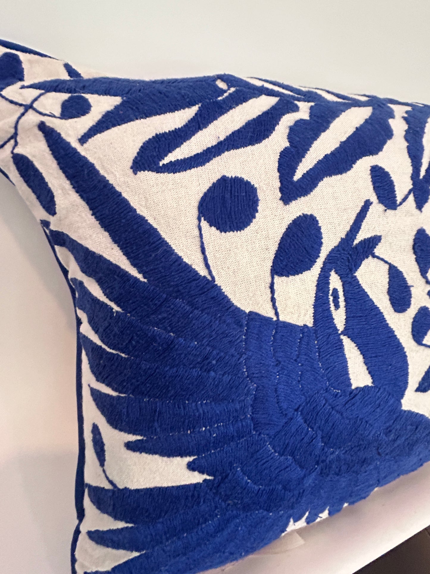 Hand-Embroidered XL Lumbar Pillow Cover – Royal Blue & White 13"x36"