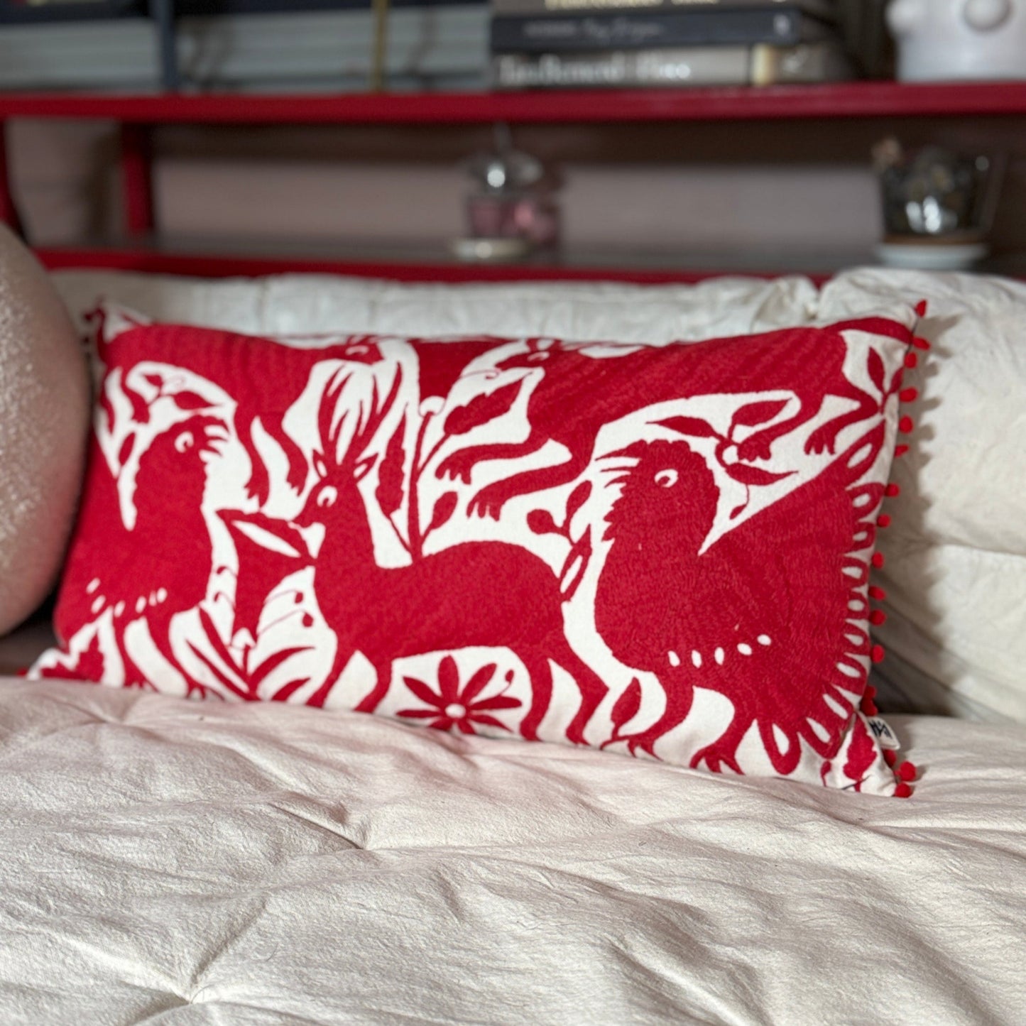 Hand-Embroidered Otomi Pillow Cover – Red & Green 14" x 25"