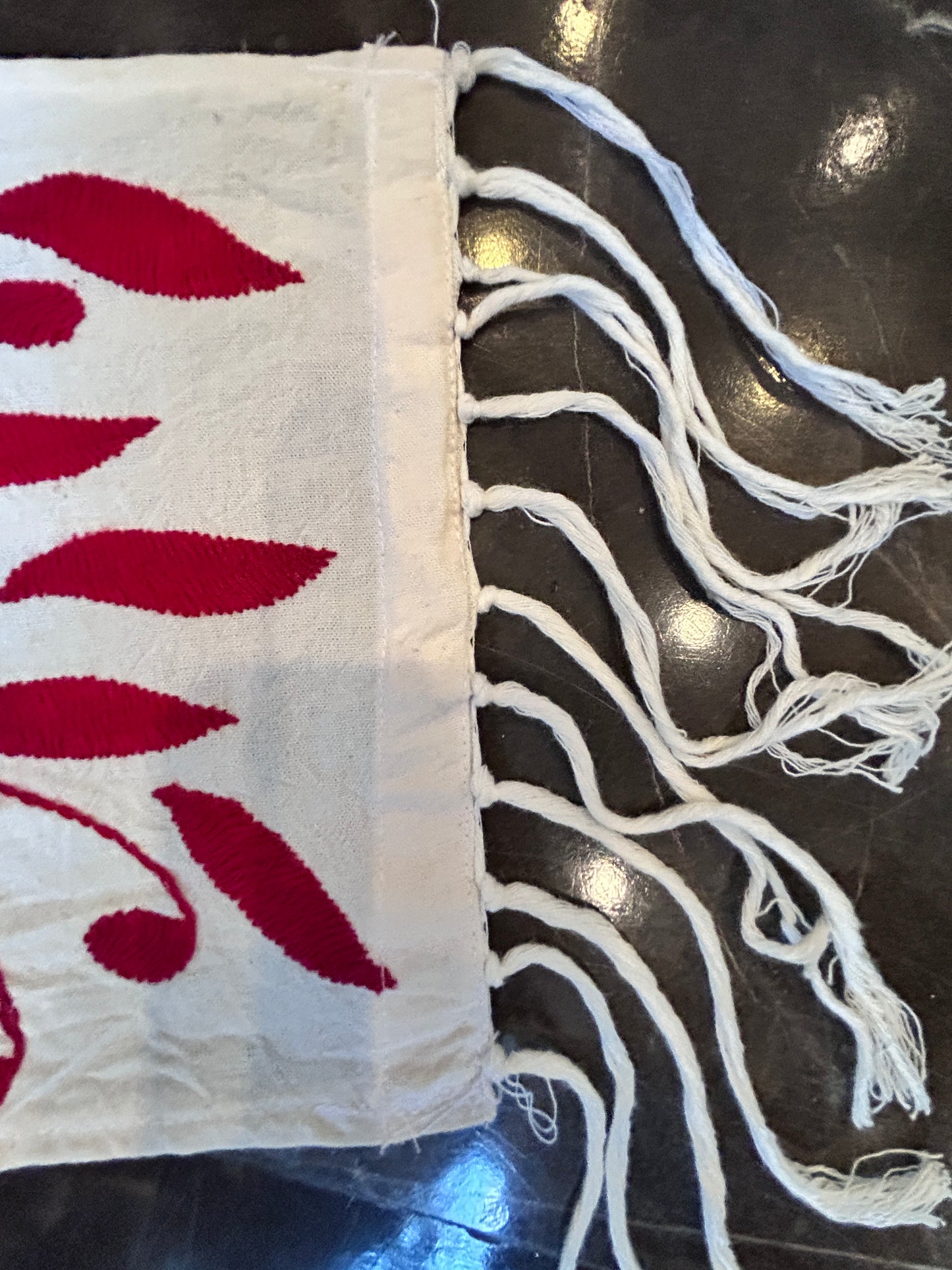 Hand-Embroidered Mexican Runner – Red & Ivory 7.5" X 74" textile tapestry