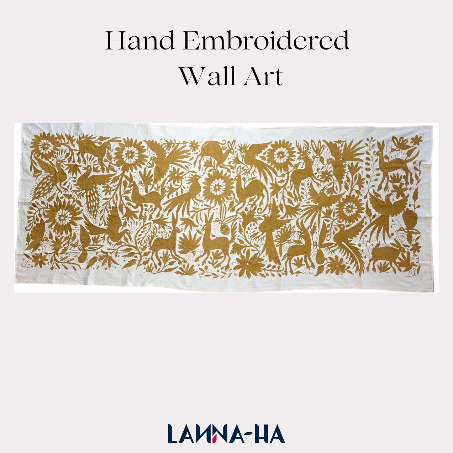 Boho Chic Hand-Embroidered Wall Art – Gold & Ivory Decor 33" x 85"
