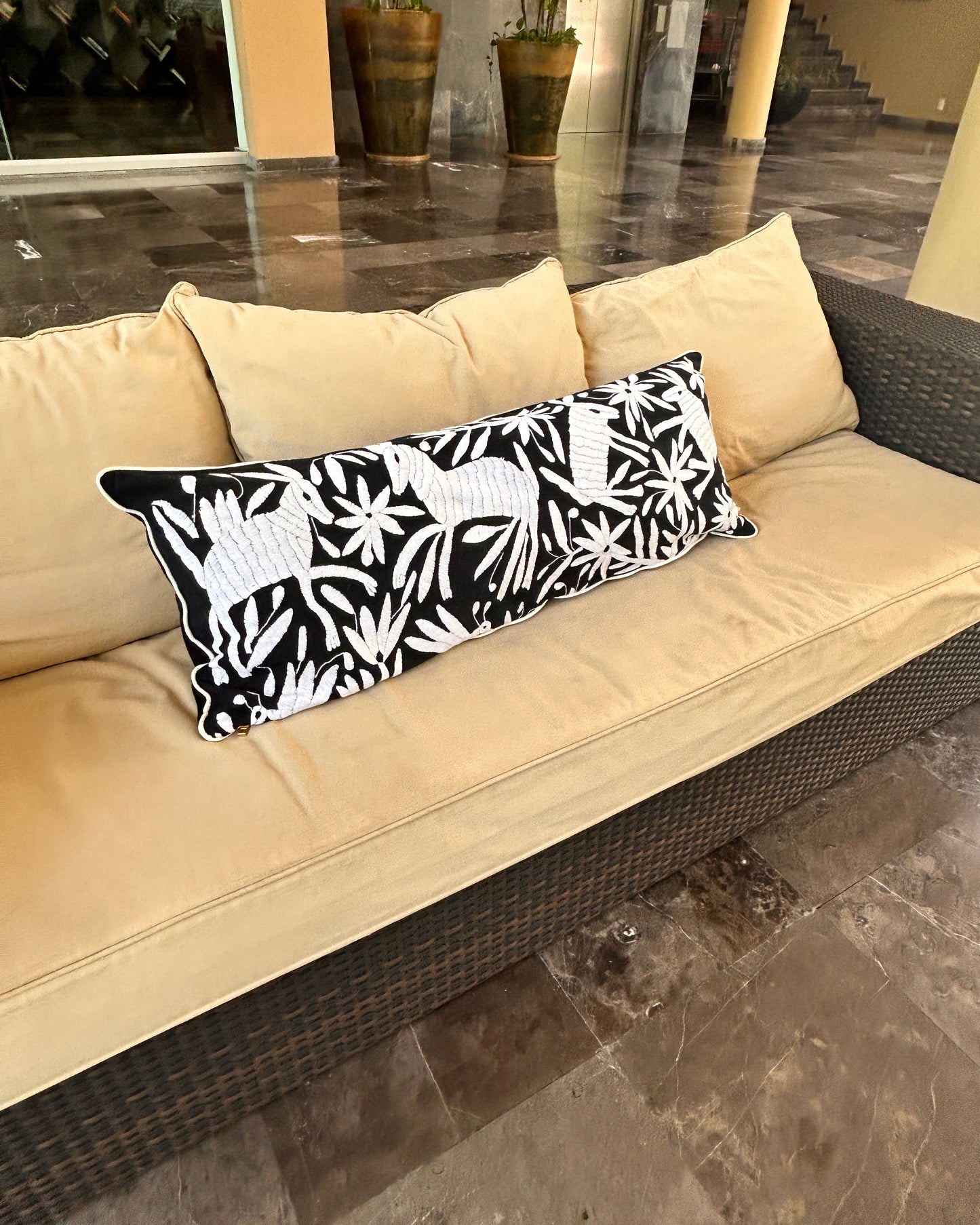 Hand-Embroidered XL Lumbar Pillow Cover – Black & White 13"x36"