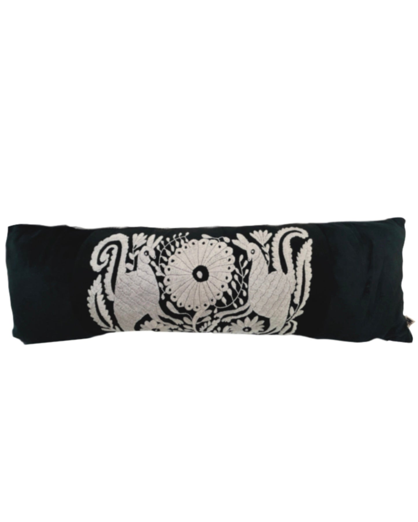 Hand-Embroidered XL Lumbar Pillow Cover - Pipping – Black & Silver 13"x36"