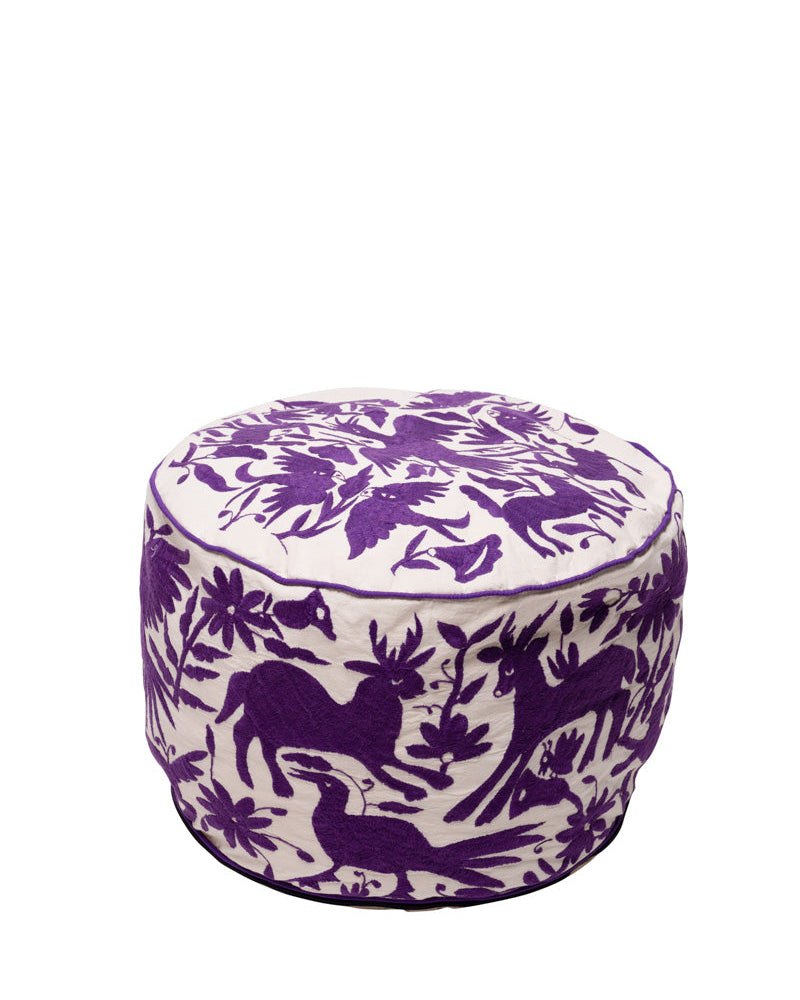 Hand-Embroidered Otomi Round Pouff – Purple & Ivory, Unique Piece 18" R