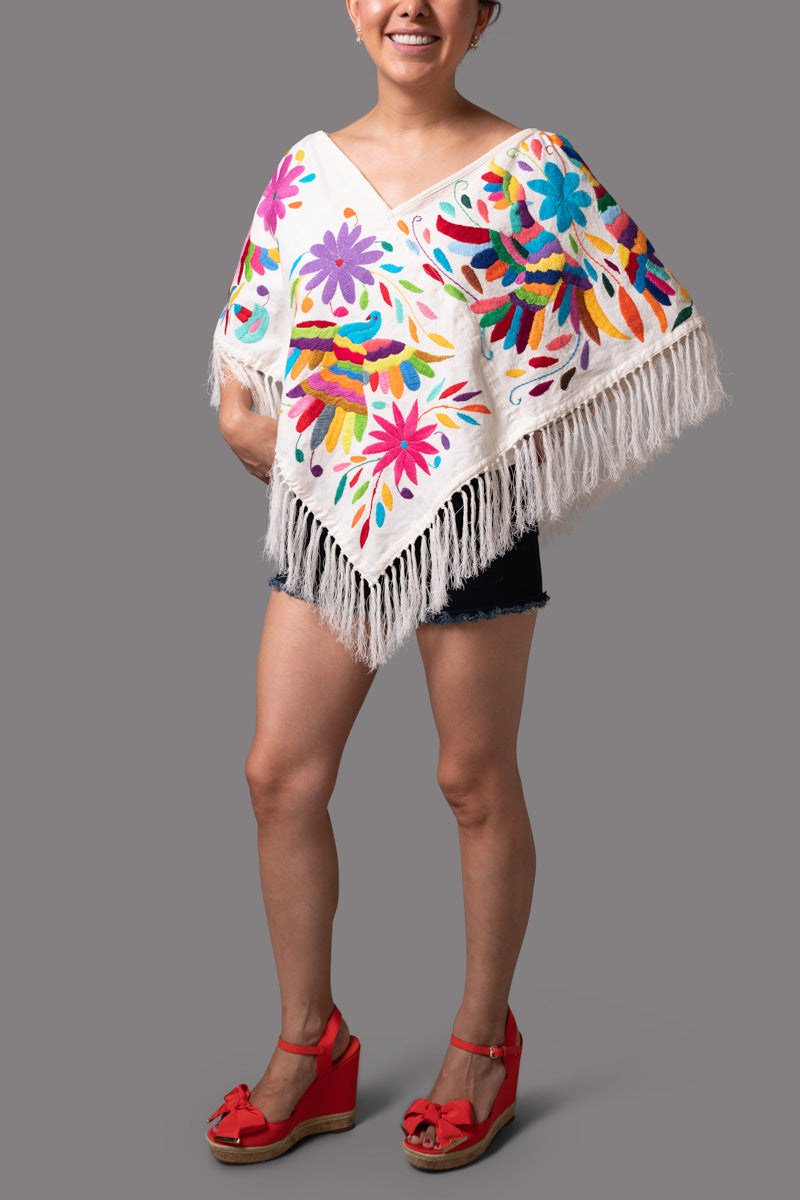 Handembroidered Otomi Poncho. Multicolor Floral & Fauna Design