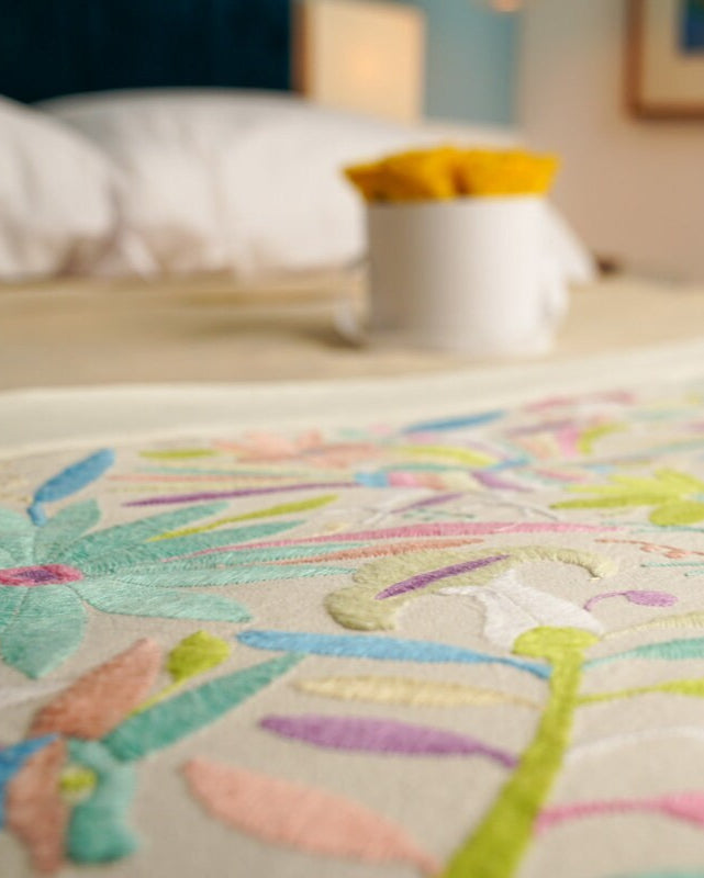 Hand embroidered bed or table runner, Wall art, otomi embroidery, 12.5" x 78" pastel tones