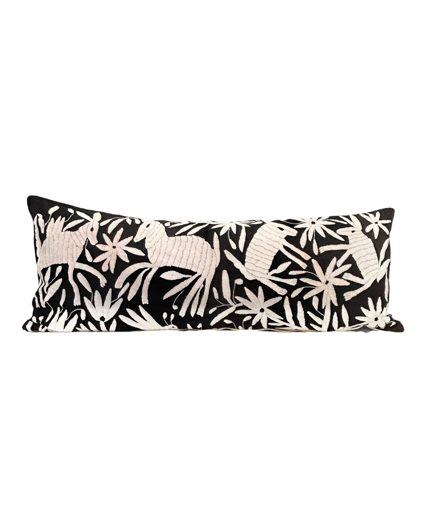 Hand-Embroidered XL Lumbar Pillow Cover – Black & White 13"x36"