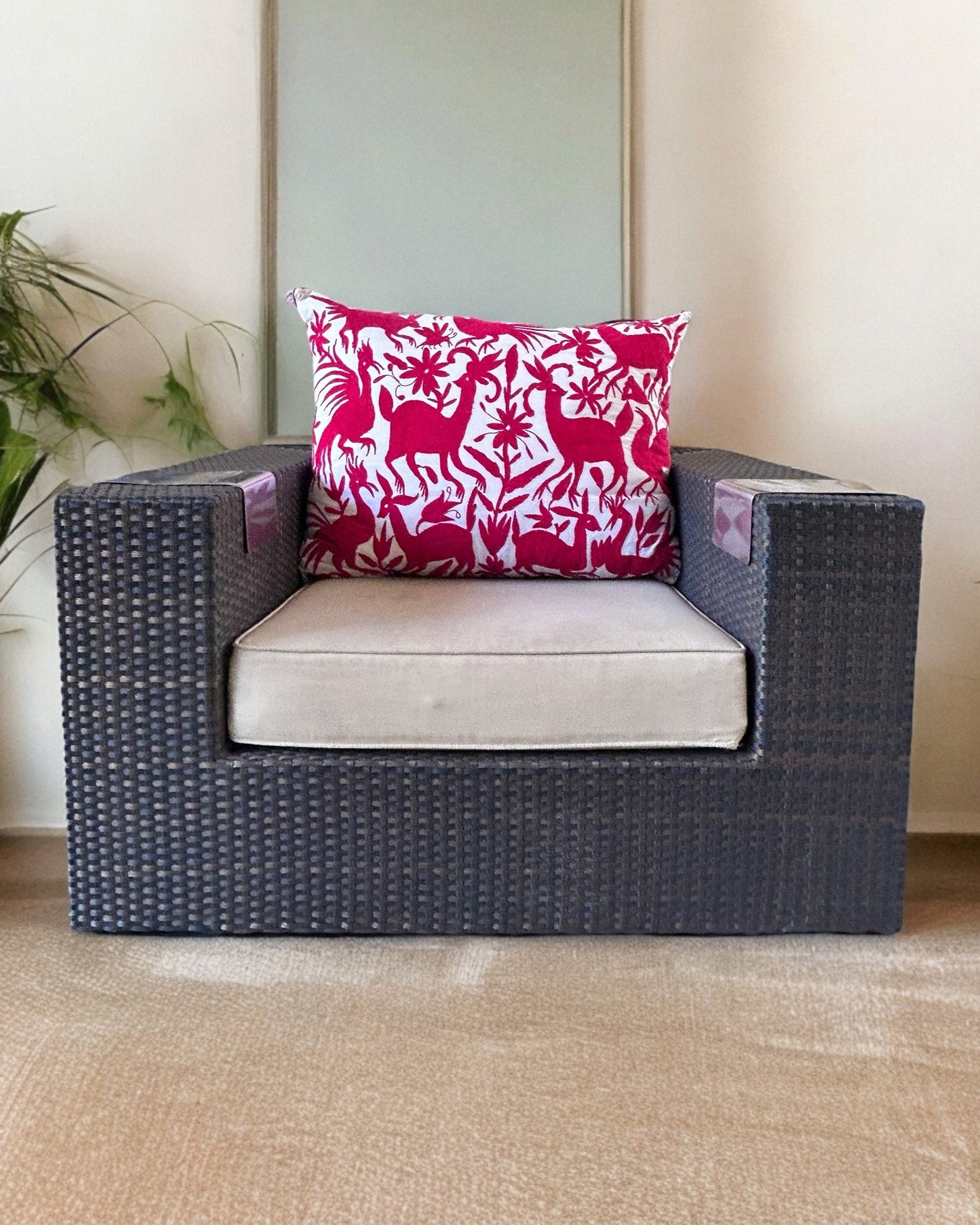 Hand-Embroidered XL Pillow Cover – Red & Ivory 24" x 36"