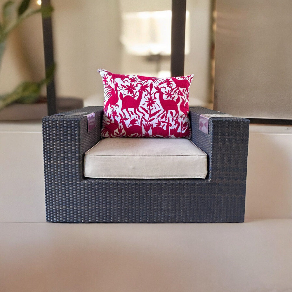 Hand-Embroidered XL Pillow Cover – Red & Ivory 24" x 36"