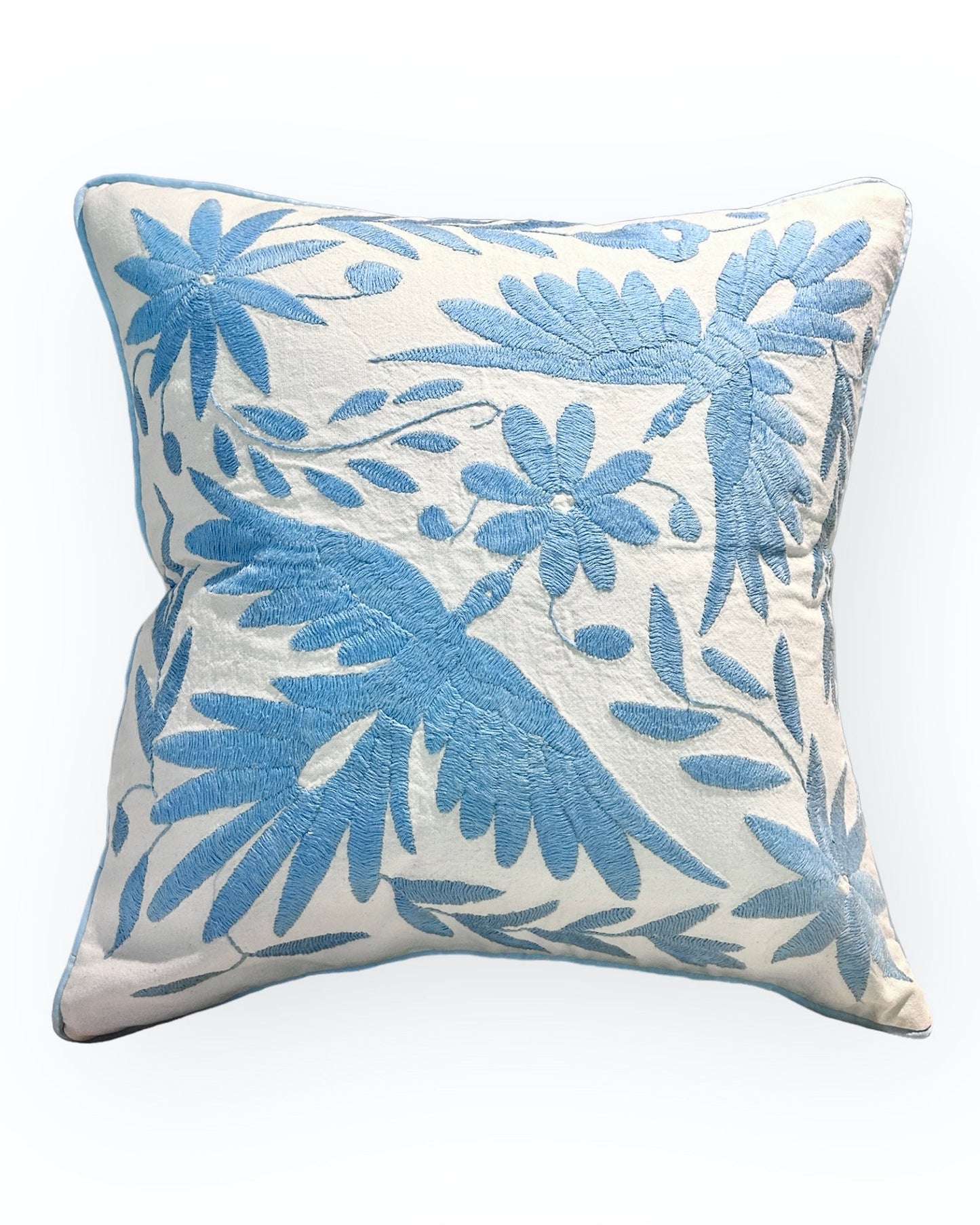Hand-Embroidered Otomi Pillow Cover – Baby Blue & Ivory 18x18"