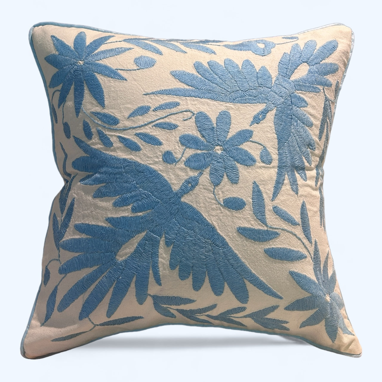 Hand-Embroidered Otomi Pillow Cover – Baby Blue & Ivory 18x18"