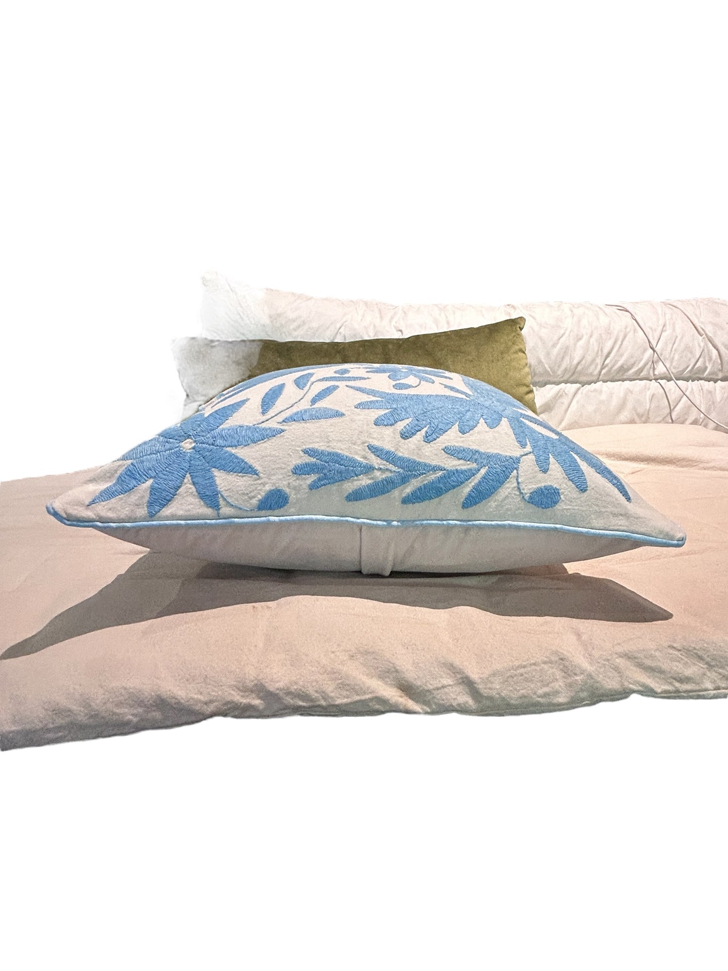 Hand-Embroidered Otomi Pillow Cover – Baby Blue & Ivory 18x18"