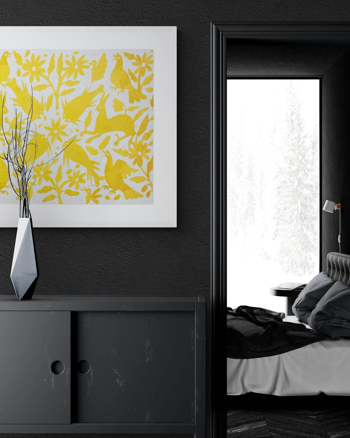 Hand-Embroidered Otomi Wall Art – Yellow & White Boho Decor 26"x35"