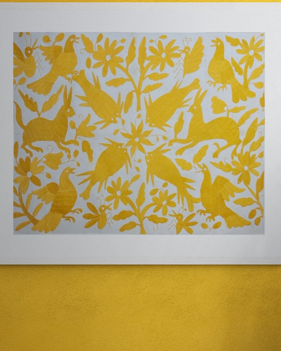 Hand-Embroidered Otomi Wall Art – Yellow & White Boho Decor 26"x35"