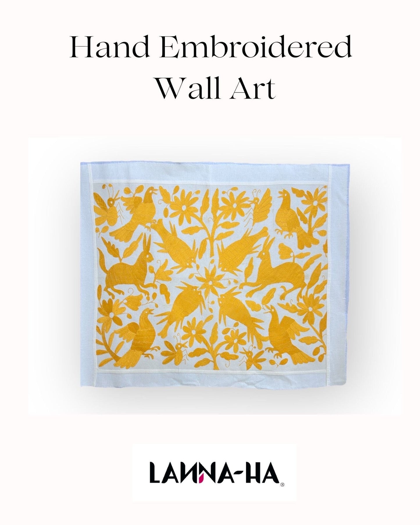 Hand-Embroidered Otomi Wall Art – Yellow & White Boho Decor 26"x35"