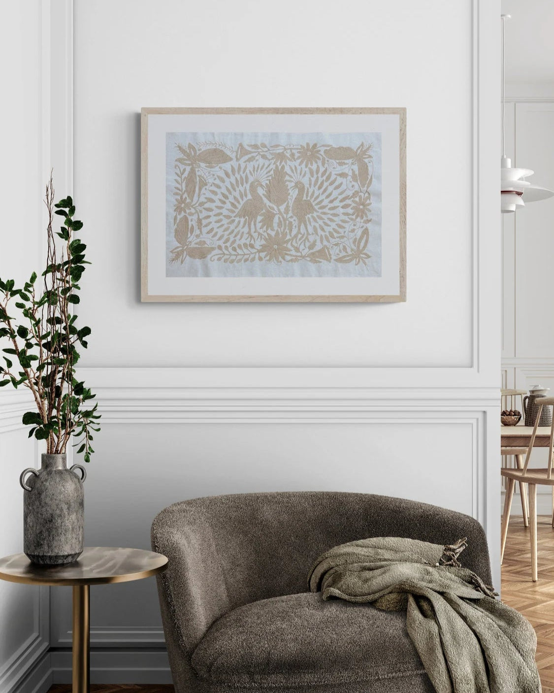 Hand-Embroidered Otomi Wall Art – Tan & Ivory Boho Decor 18" x 24"