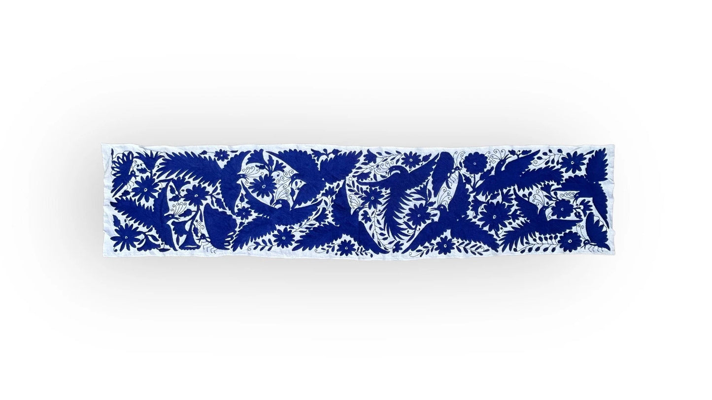 Hand-Embroidered Mexican Runner – Blue & Ivory Vintage Decor 18" x 74"