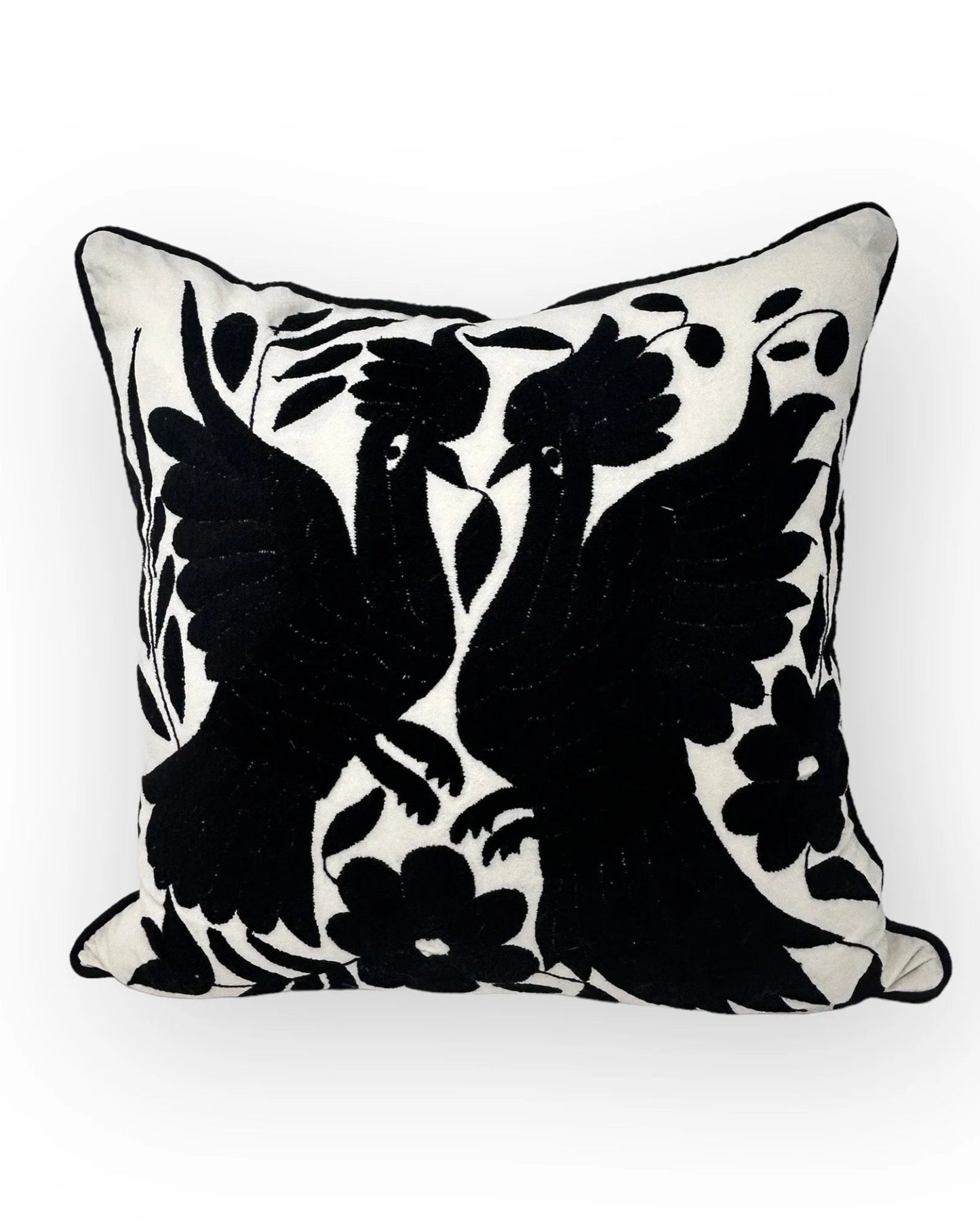 Hand-Embroidered Otomi Pillow Cover – Black & Ivory 18" x 18"