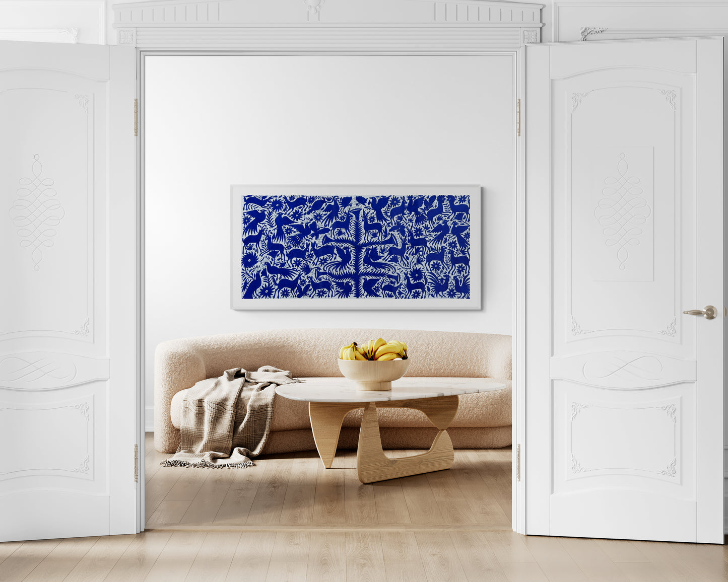 Boho Chic Hand-Embroidered Wall Art – Blue & Ivory Decor. 32" x 72"