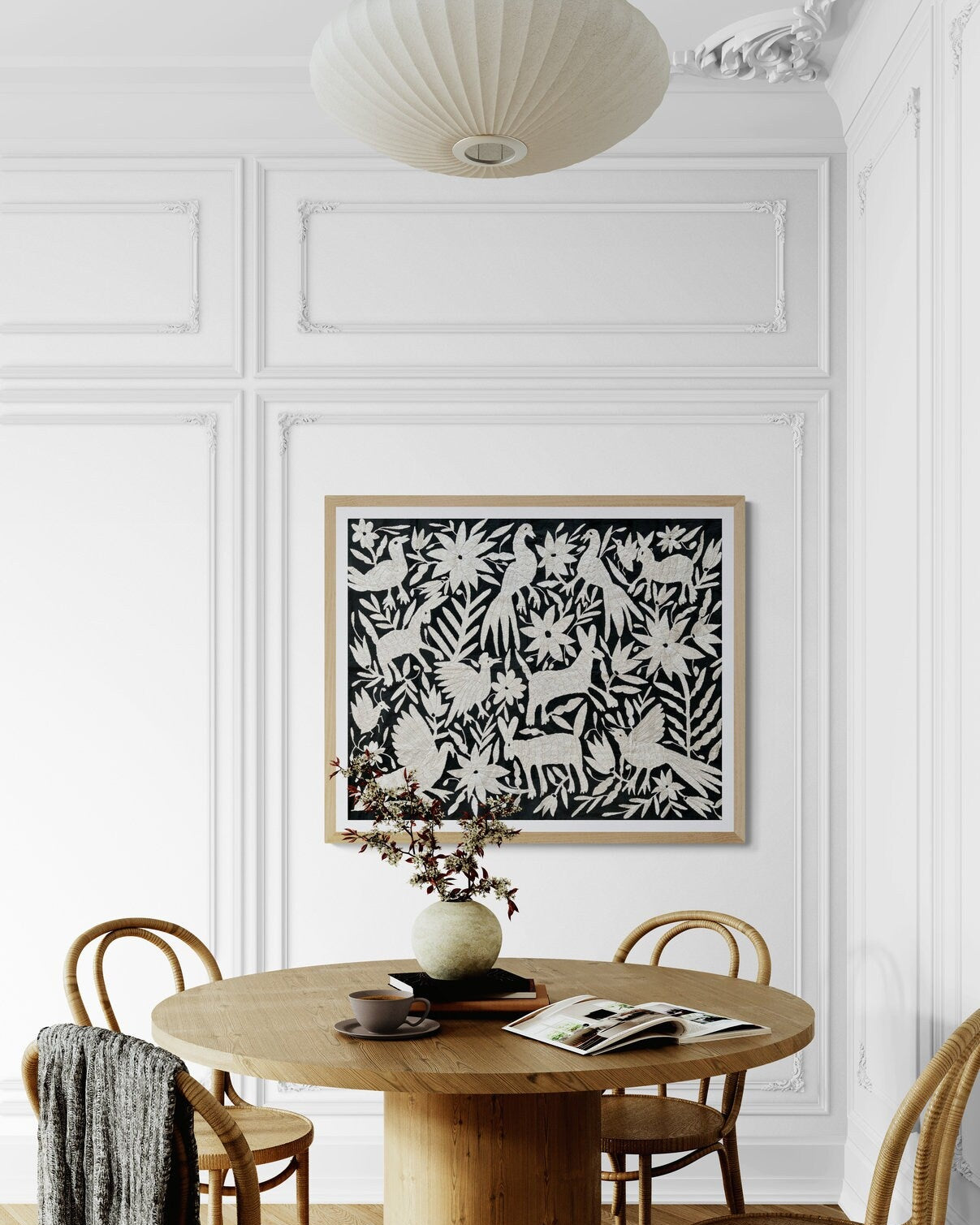 Hand-Embroidered Otomi Wall Art – Black & White Boho Decor 26"x35"