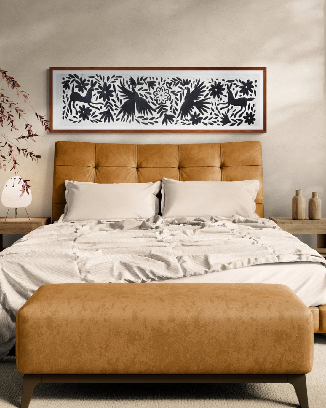 Hand-Embroidered Mexican Runner – Black & Ivory Decor. 18" X 74"