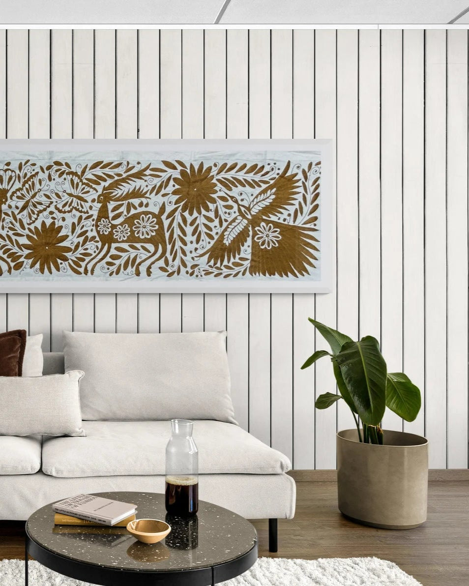 Hand-Embroidered Mexican XL Runner – Ochre & Ivory 24" X 98"