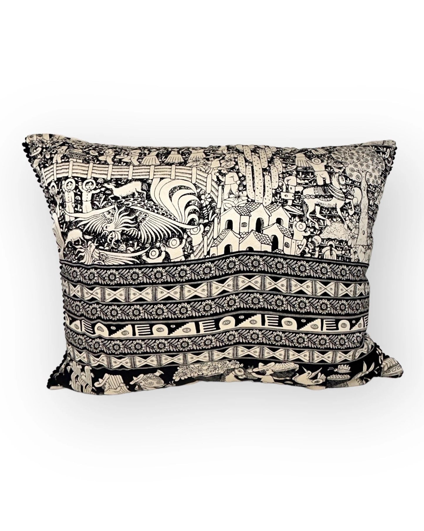 Silk Print Pillow Cover with Pompoms – Black & White 16.5"x20.5"
