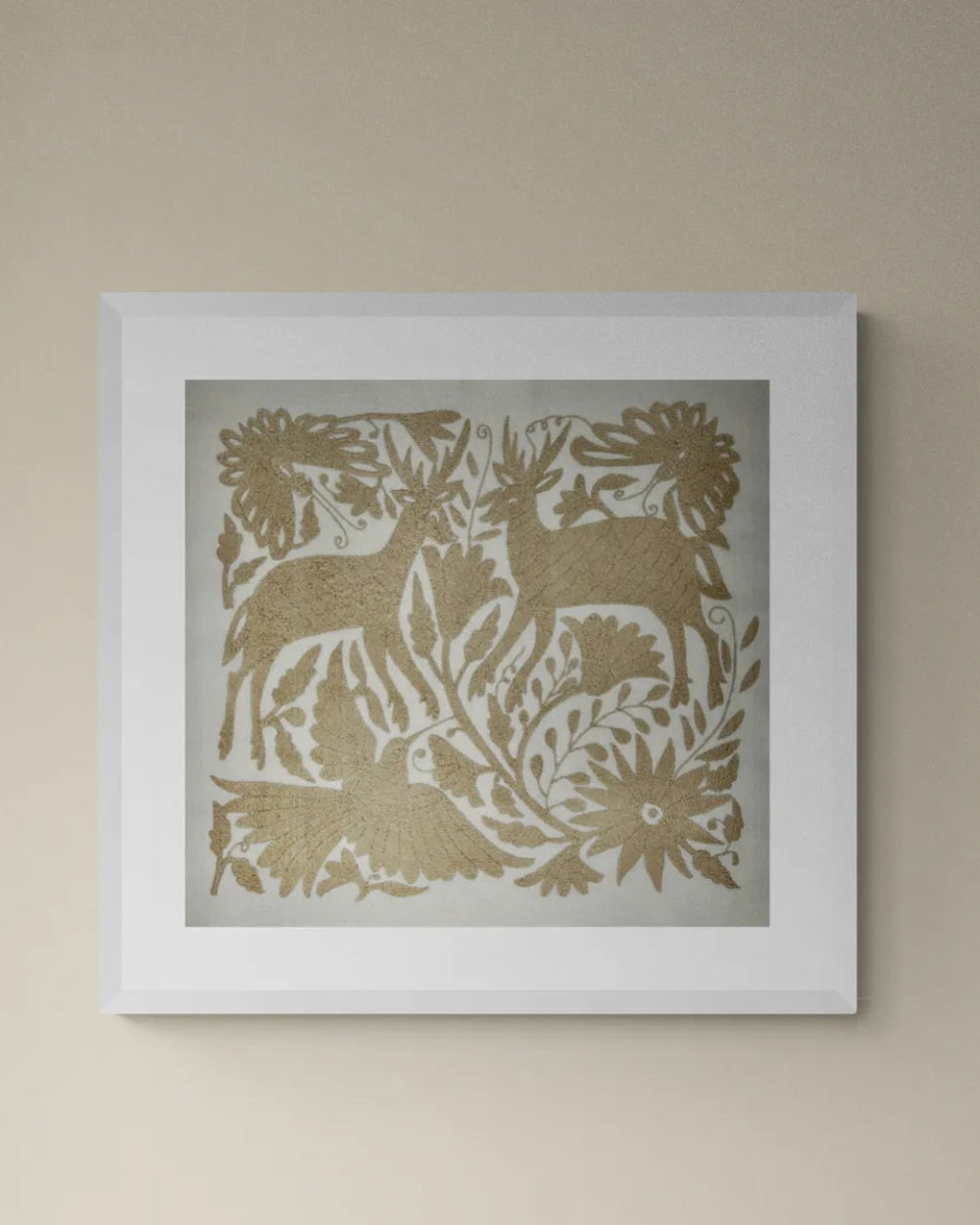 Hand-Embroidered Mexican Wall Art – Tan & Ivory 18"x18"