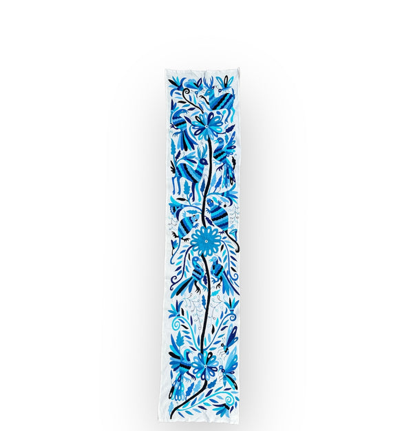 Otomí Hand Embroidered Table Runner 18"x74" – Multicolor in blue tones embroidery & Ivory cotton fabric | Handmade Mexican Textile Decor