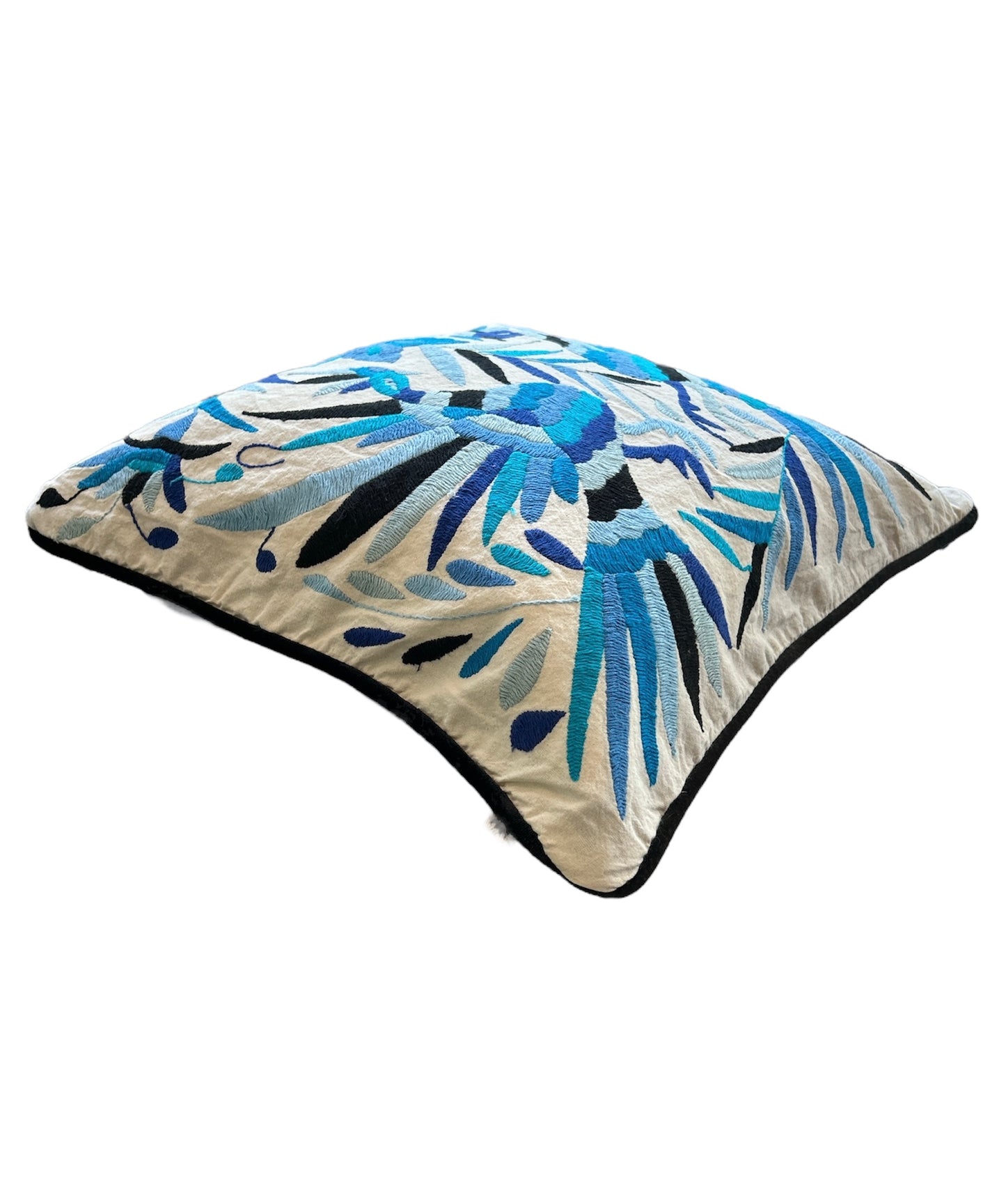 Hand embroidered Otomi pillow cover, Tones of blues and white, 18” x 18"