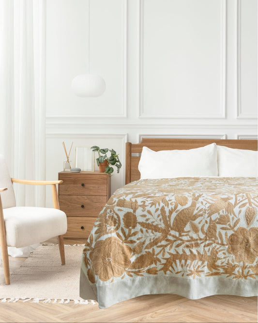Handmade Mexican Otomi Embroidered Bedding – Tan & Ivory (104"x116")