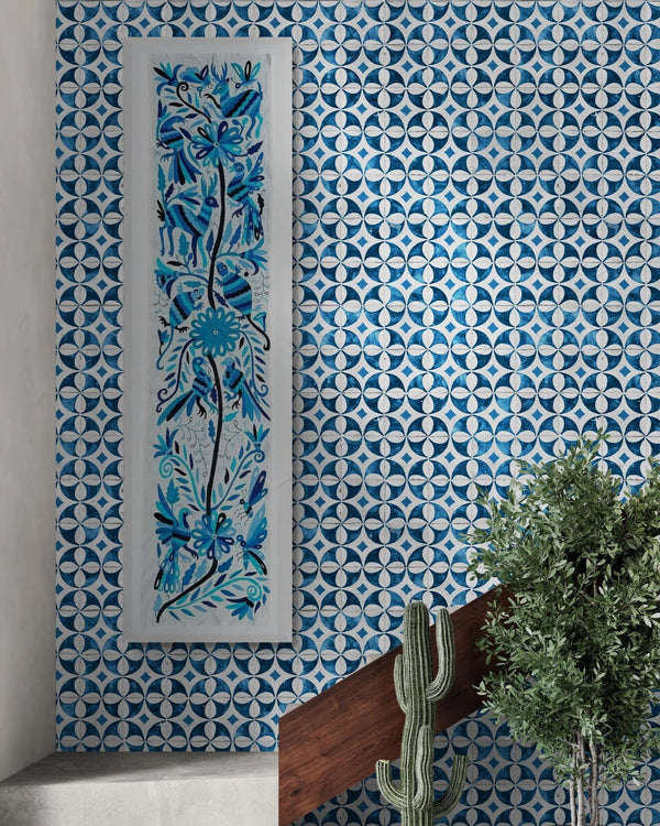 Otomí Hand Embroidered Table Runner 18"x74" – Multicolor in blue tones embroidery & Ivory cotton fabric | Handmade Mexican Textile Decor