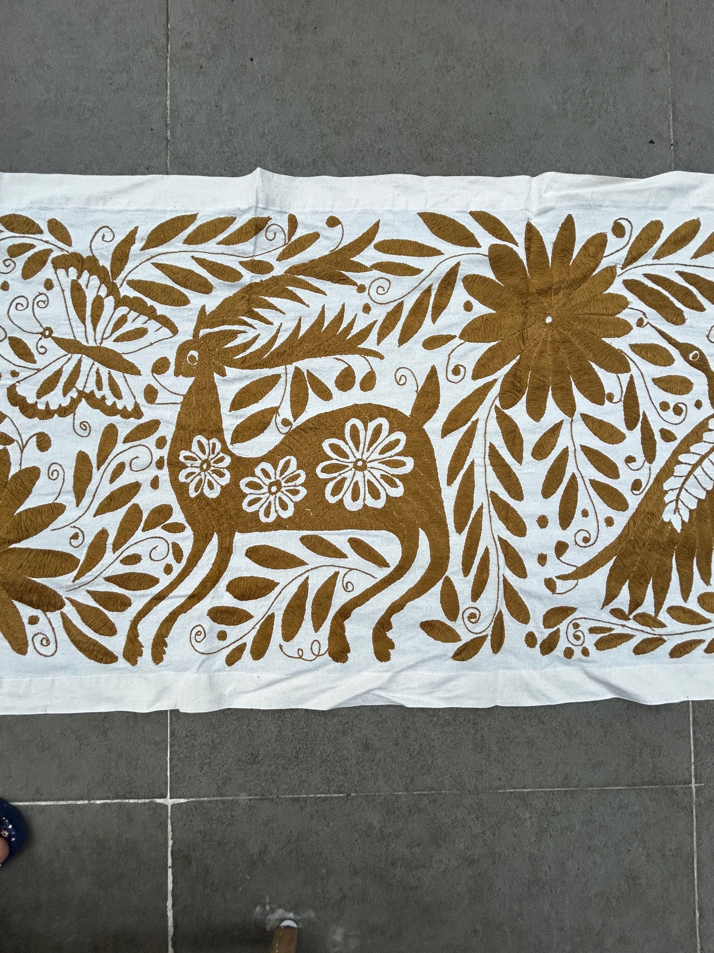 Hand-Embroidered Mexican XL Runner – Ochre & Ivory 24" X 98"