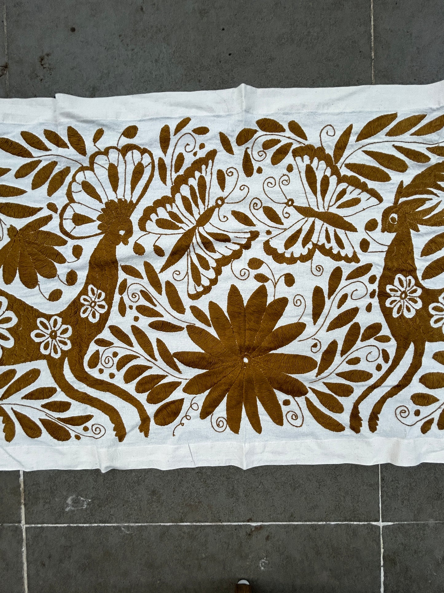 Hand-Embroidered Mexican XL Runner – Ochre & Ivory 24" X 98"