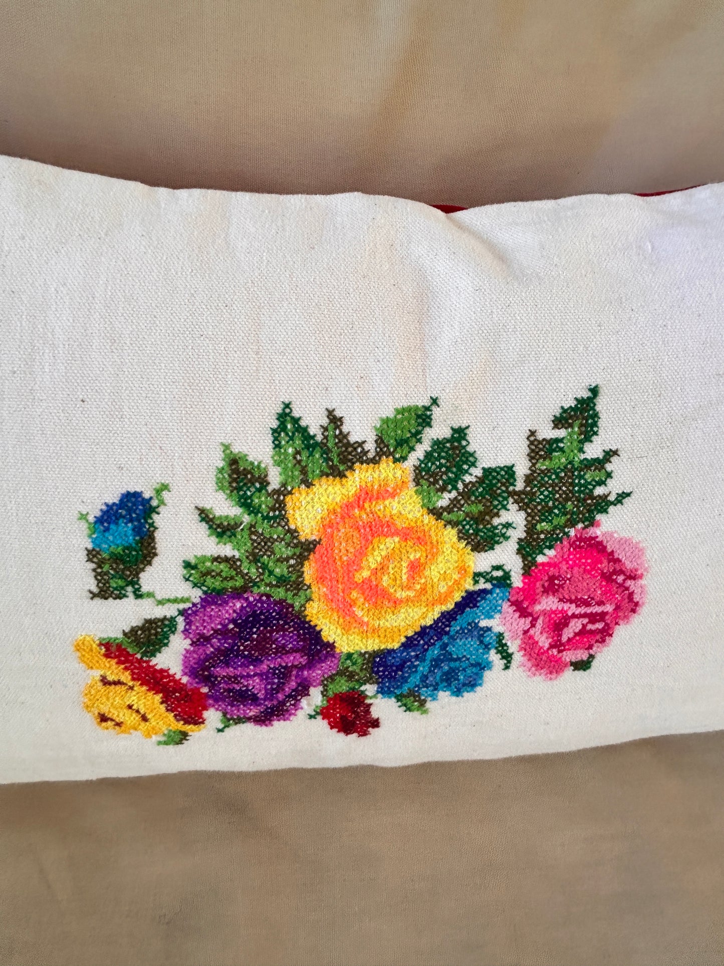 Floral Cross-Stitch Pillow Cover – Ivory & Red Velvet 9.5" x 12"