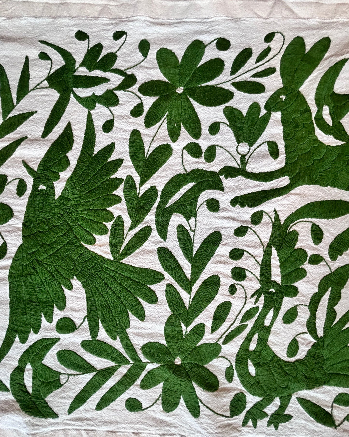 Hand-Embroidered Mexican XL Runner – Green & Ivory 24" X 98"