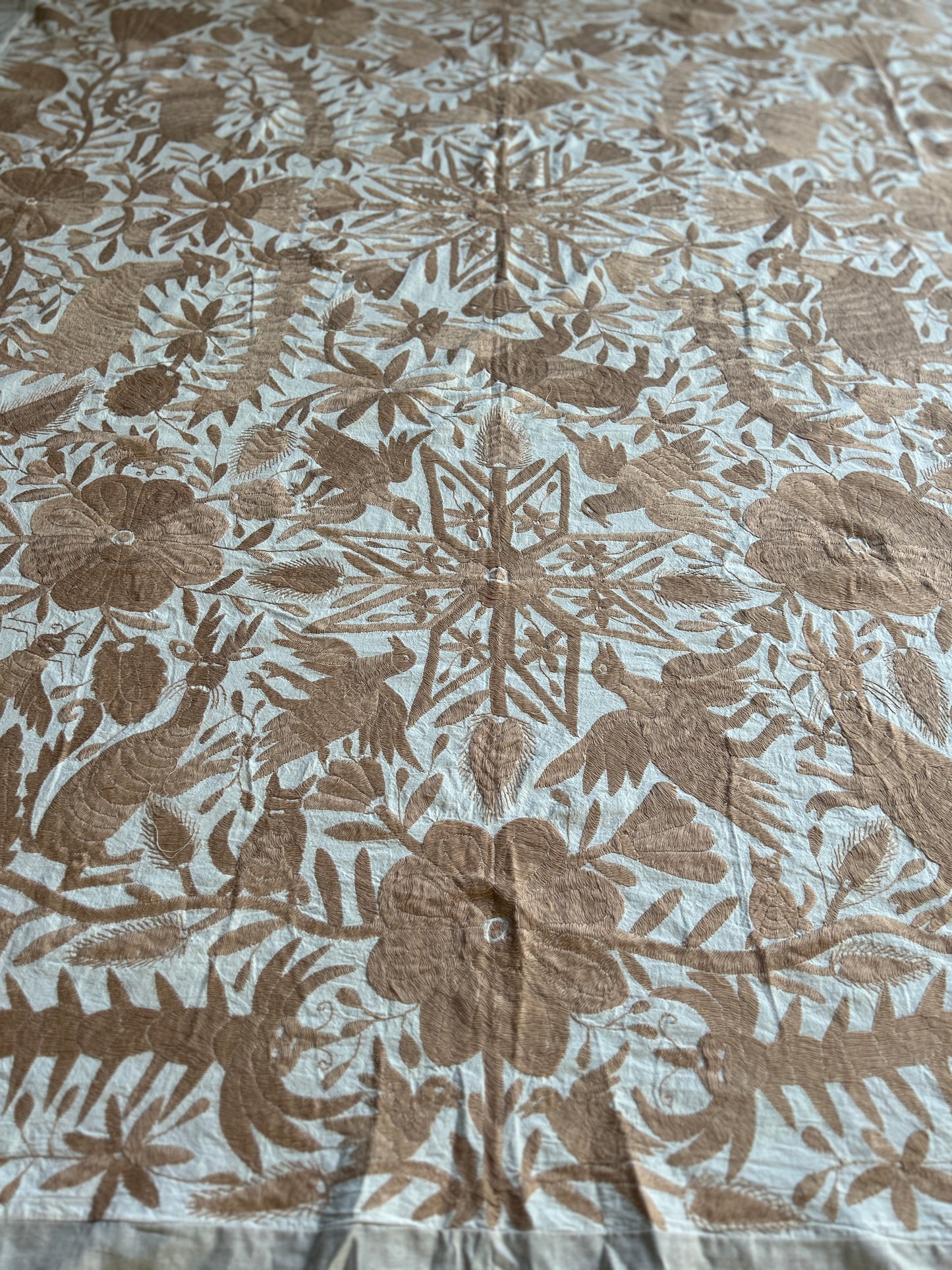Handmade Mexican Otomi Embroidered Bedding – Tan & Ivory (104"x116")
