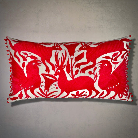 Hand-Embroidered Otomi Pillow Cover – Red & Green 14" x 25"