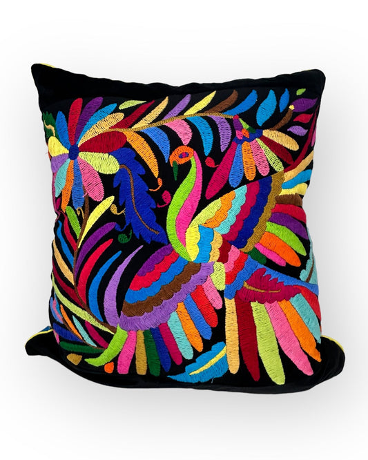 Hand-Embroidered Otomi Pillow Cover – Rainbow & Black - Pipping - 23"x23"