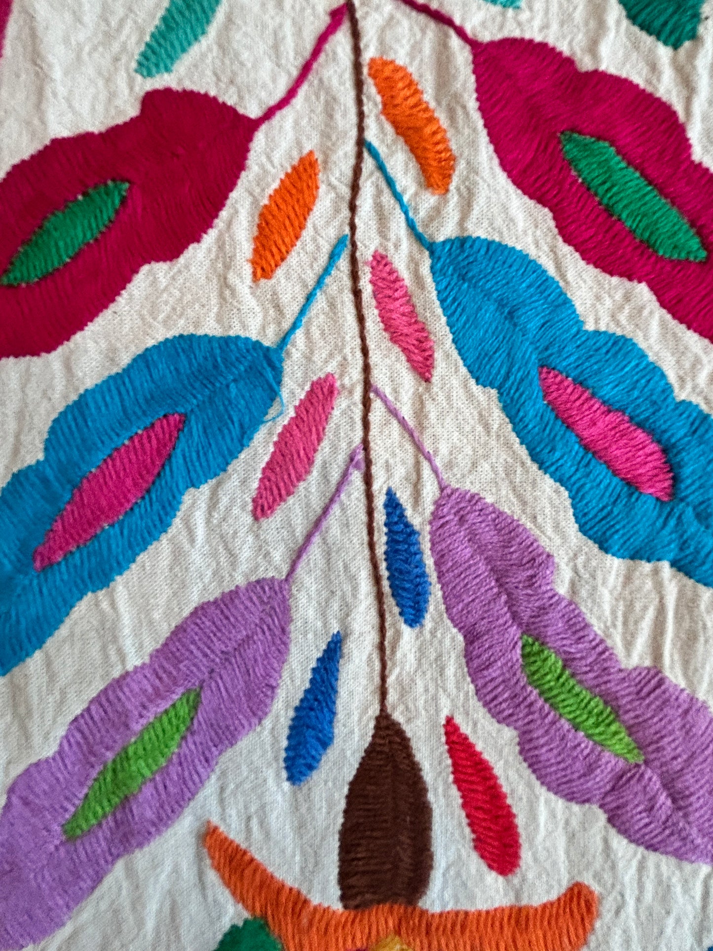 Hand-Embroidered Mexican Runner – Rainbow & Ivory 7.5" X 74" textile tapestry