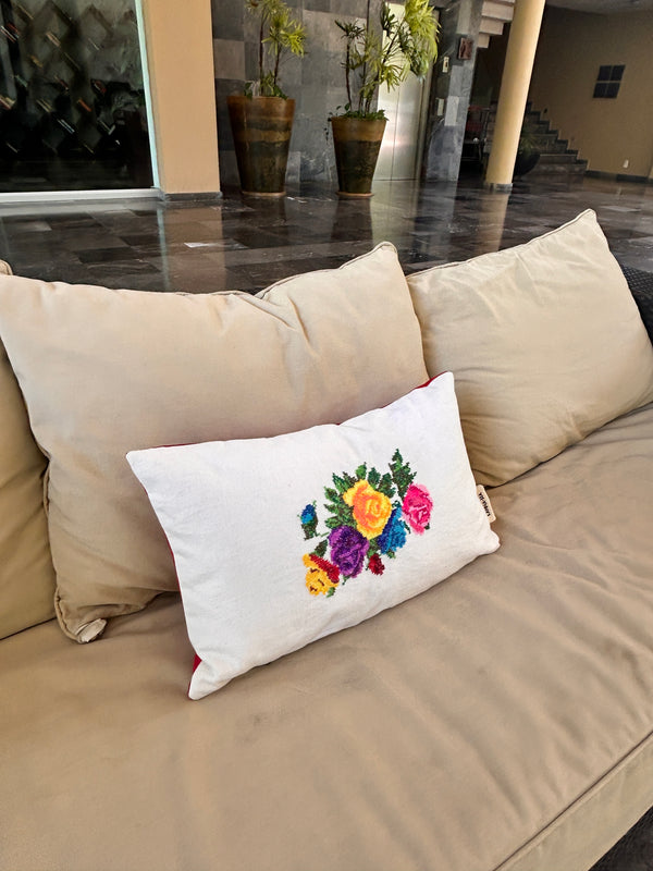 Floral Cross-Stitch Pillow Cover – Ivory & Red Velvet 9.5" x 12"