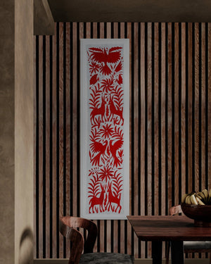 Mexican Table Runner | Large Embroidery | Framed Textiles | Otomi Table Runner | Red Temptation quiet path from Tenango de Doria
