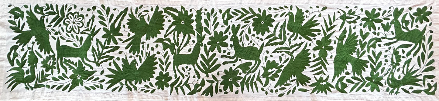 Hand-Embroidered Mexican XL Runner – Green & Ivory 24" X 98"