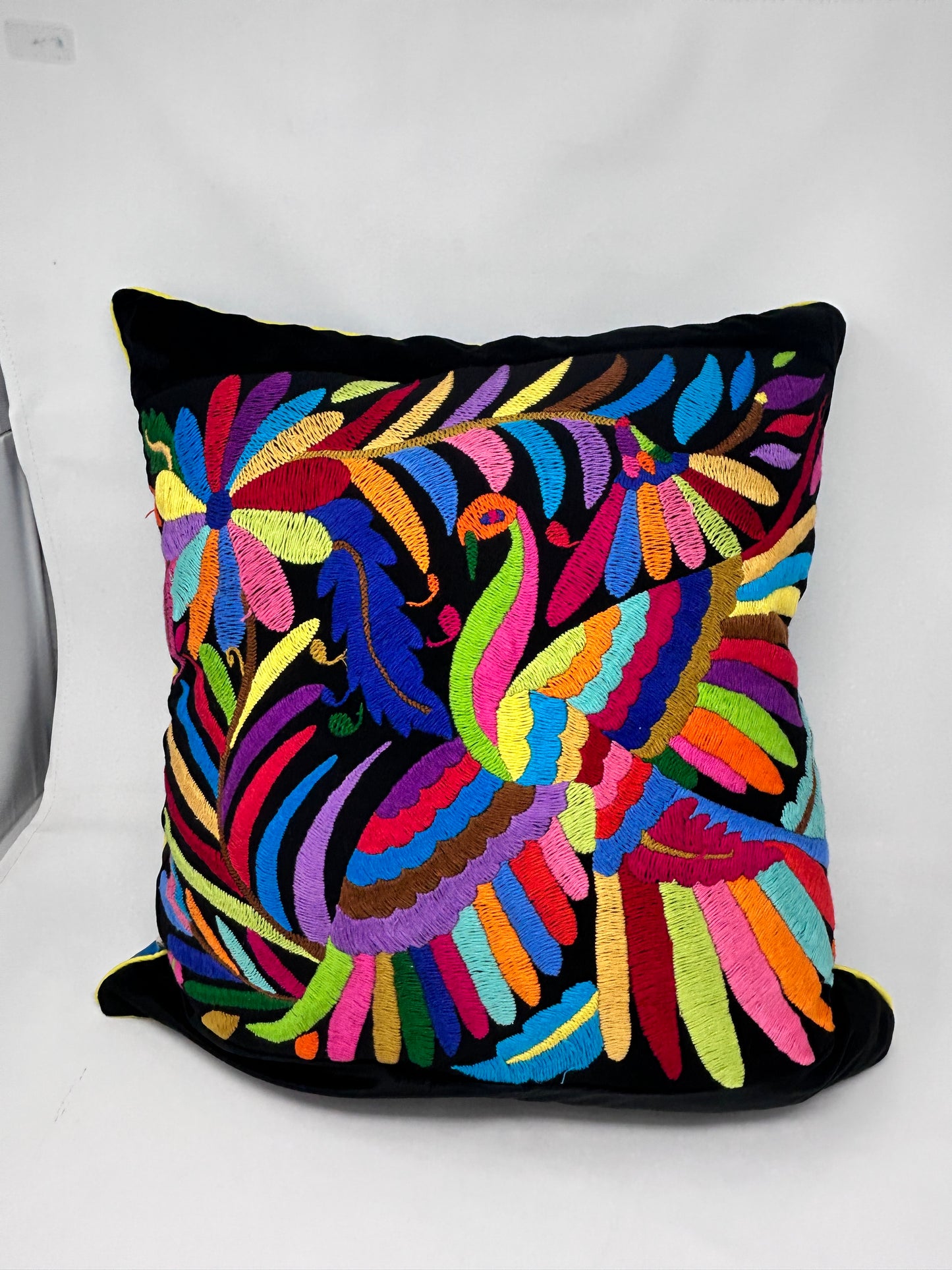Hand-Embroidered Otomi Pillow Cover – Rainbow & Black - Pipping - 23"x23"
