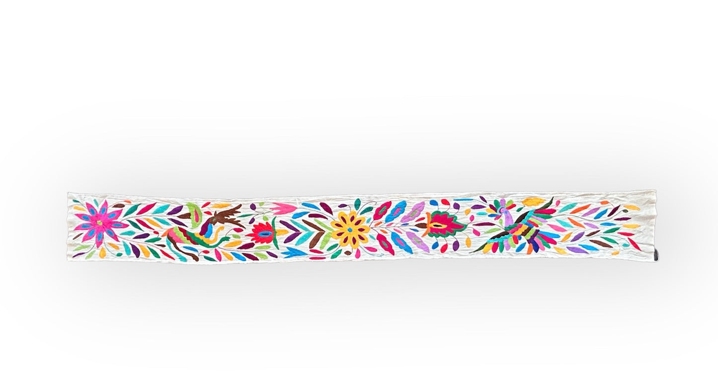Hand-Embroidered Mexican Runner – Rainbow & Ivory 7.5" X 74" textile tapestry