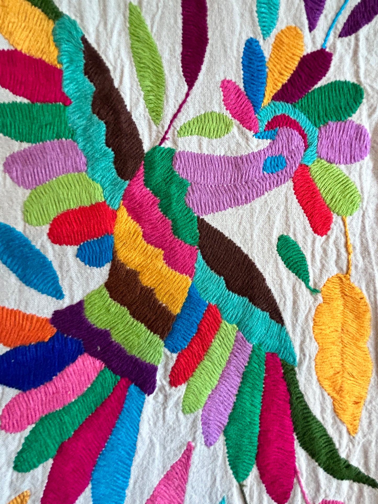 Hand-Embroidered Mexican Runner – Rainbow & Ivory 7.5" X 74" textile tapestry