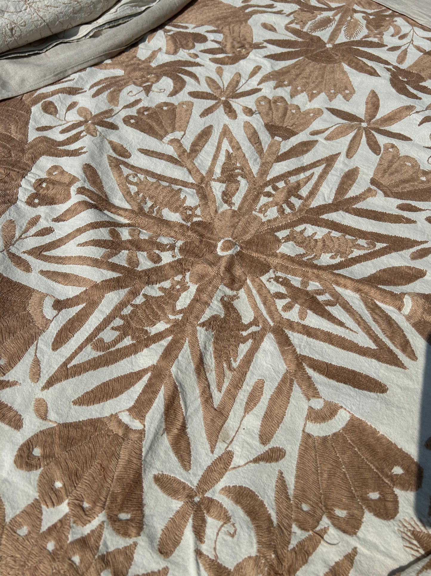 Handmade Mexican Otomi Embroidered Bedding – Tan & Ivory (104"x116")