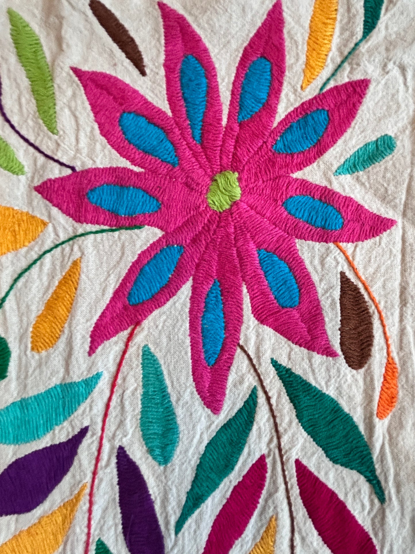 Hand-Embroidered Mexican Runner – Rainbow & Ivory 7.5" X 74" textile tapestry