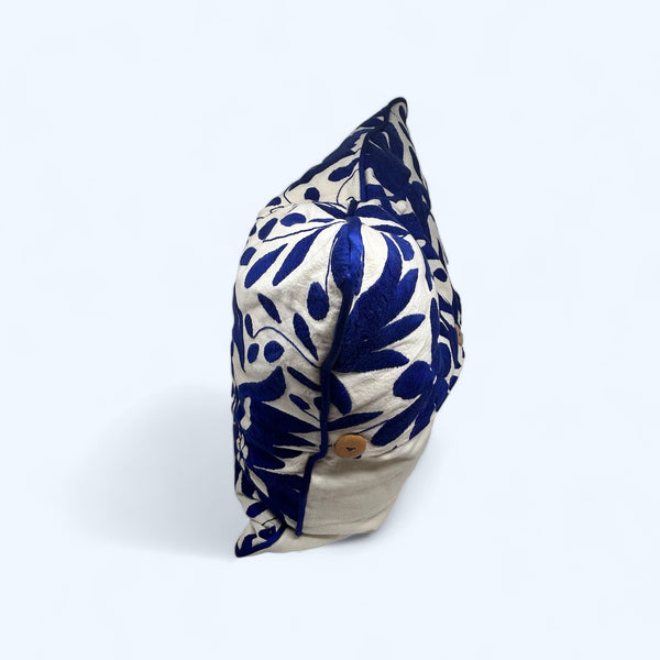 Otomí Embroidered Pillow 22"x22" Double Sided Embroidery– Royal Blue & Ivory | Handmade in Mexico