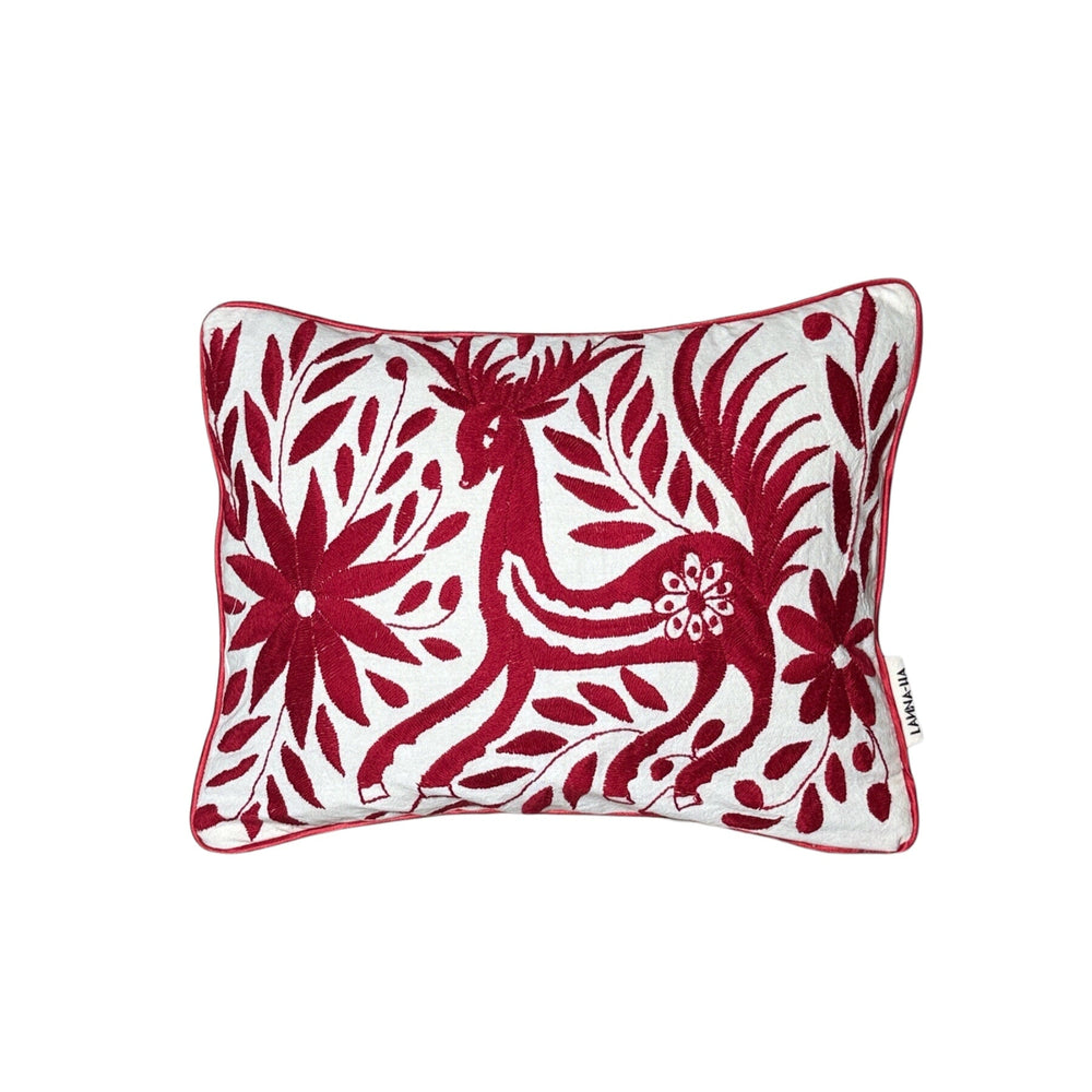 Funda de almohada otomí bordada a mano | Decoración textil mexicana | Cojín de lujo bohemio | Rojo y Verde | 13x18"